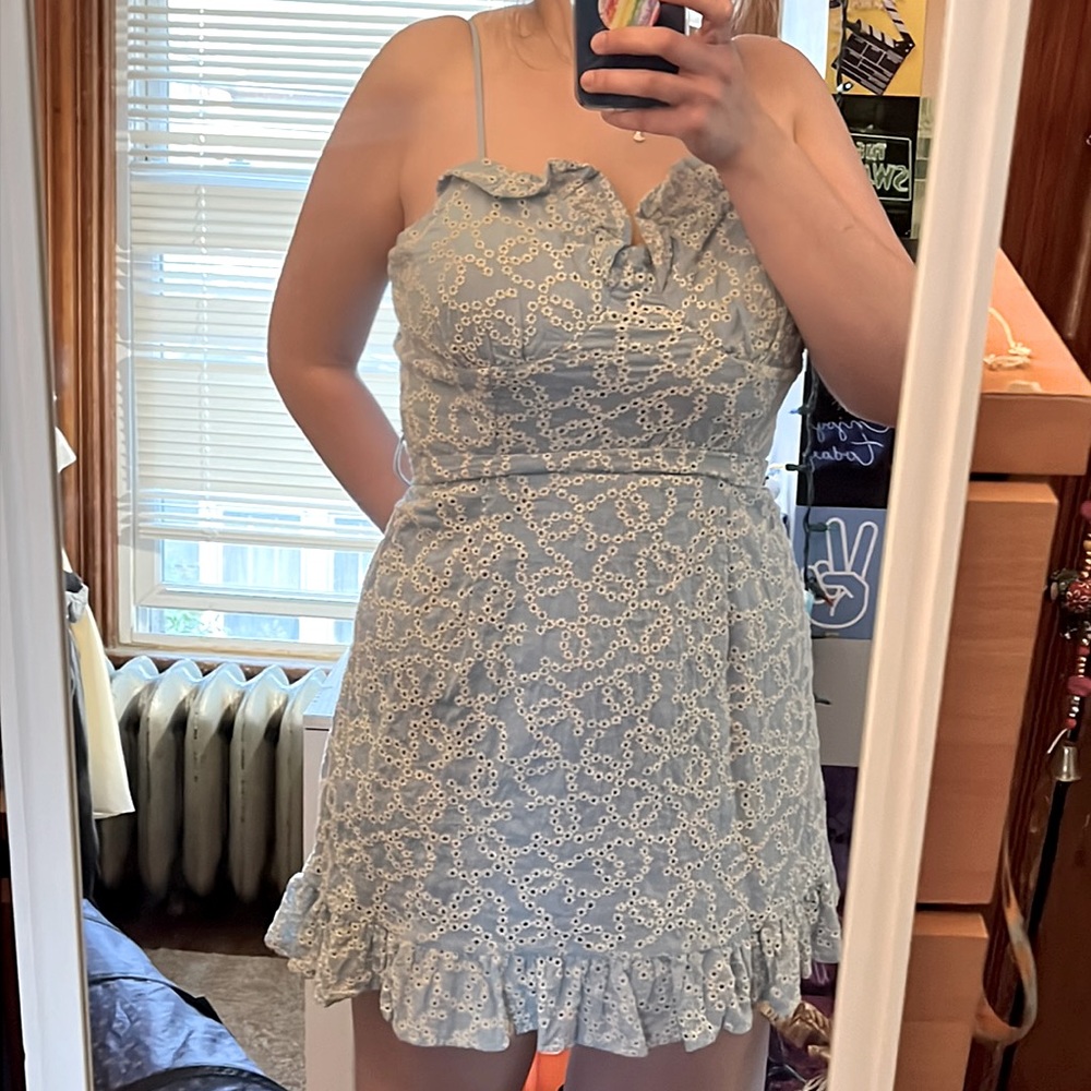 Pastel Blue and White Mini Dress with Tie in Back